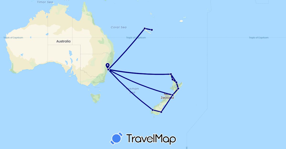 TravelMap itinerary: driving in Australia, France, New Zealand (Europe, Oceania)